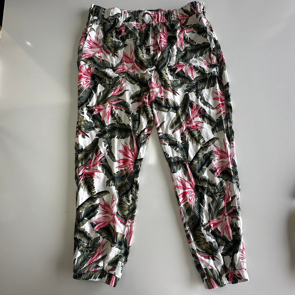 Per Se Tropical Print Linen Joggers in White, Green & Pink